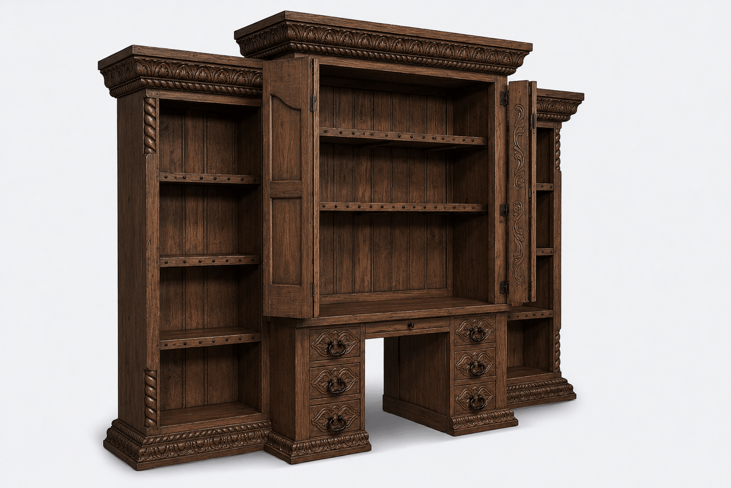 Imperial Scholar’s Haven™ Hand - Carved Solid Wood Executive Bookcase &amp; Library Hutch Collection – handcrafted solid wood furniture