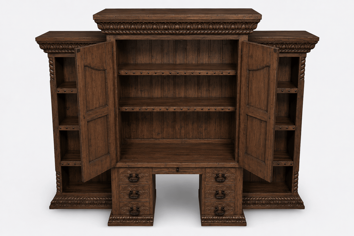 Imperial Scholar’s Haven™ Hand - Carved Solid Wood Executive Bookcase &amp; Library Hutch Collection – handcrafted solid wood furniture
