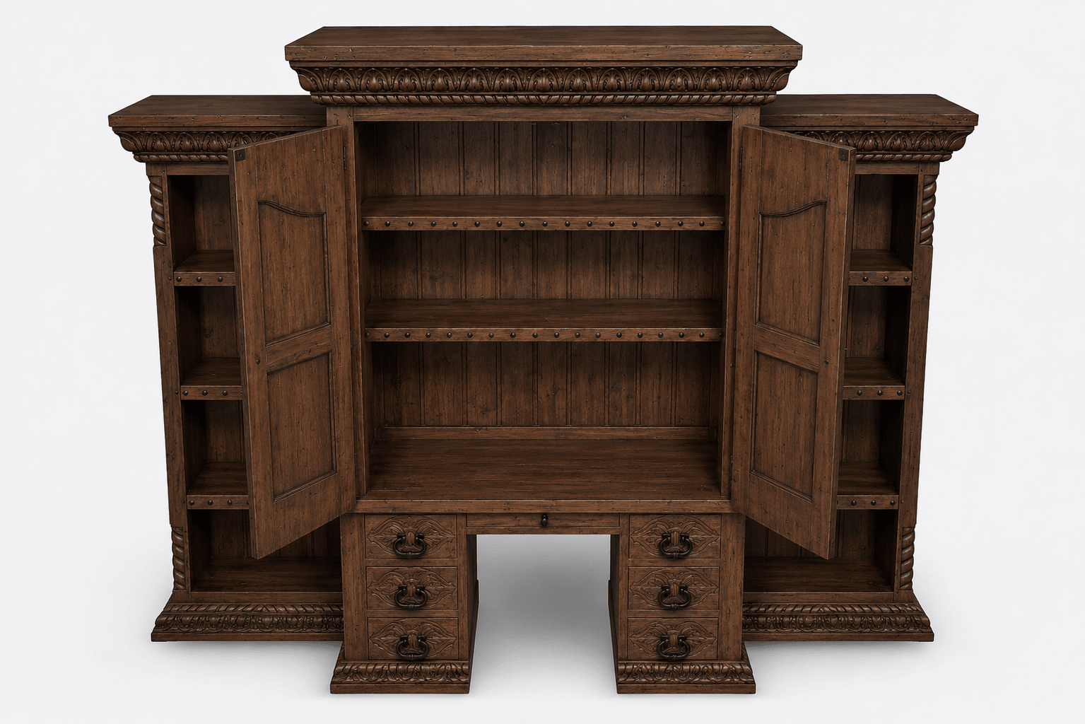 Imperial Scholar’s Haven™ Hand - Carved Solid Wood Executive Bookcase &amp; Library Hutch Collection – handcrafted solid wood furniture