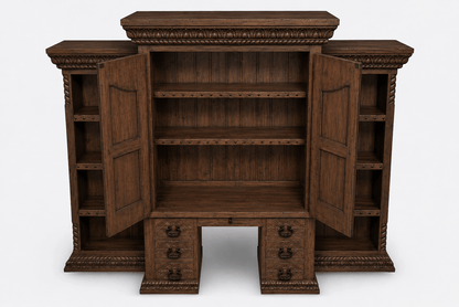 Imperial Scholar’s Haven™ Hand - Carved Solid Wood Executive Bookcase &amp; Library Hutch Collection – handcrafted solid wood furniture