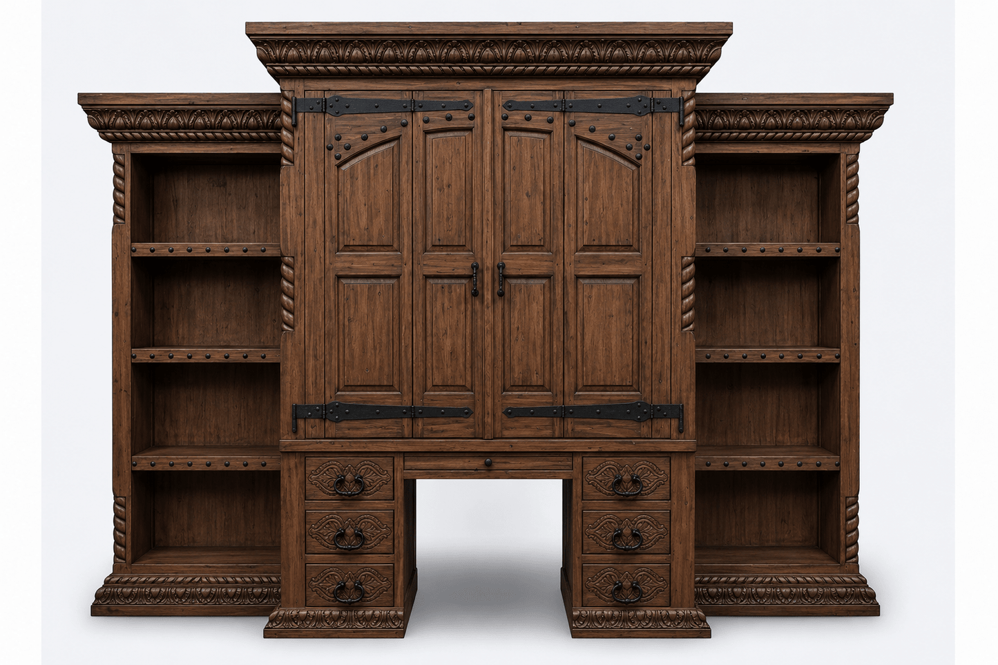 Imperial Scholar’s Haven™ Hand - Carved Solid Wood Executive Bookcase &amp; Library Hutch Collection – handcrafted solid wood furniture