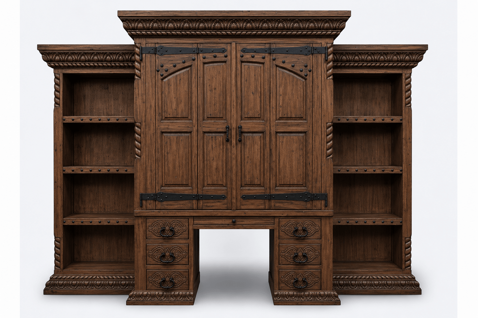Imperial Scholar’s Haven™ Hand - Carved Solid Wood Executive Bookcase &amp; Library Hutch Collection – handcrafted solid wood furniture