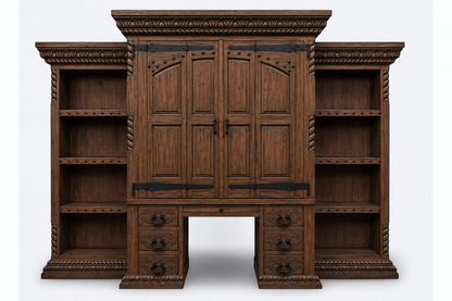 Imperial Scholar’s Haven™ Hand - Carved Solid Wood Executive Bookcase &amp; Library Hutch Collection – handcrafted solid wood furniture