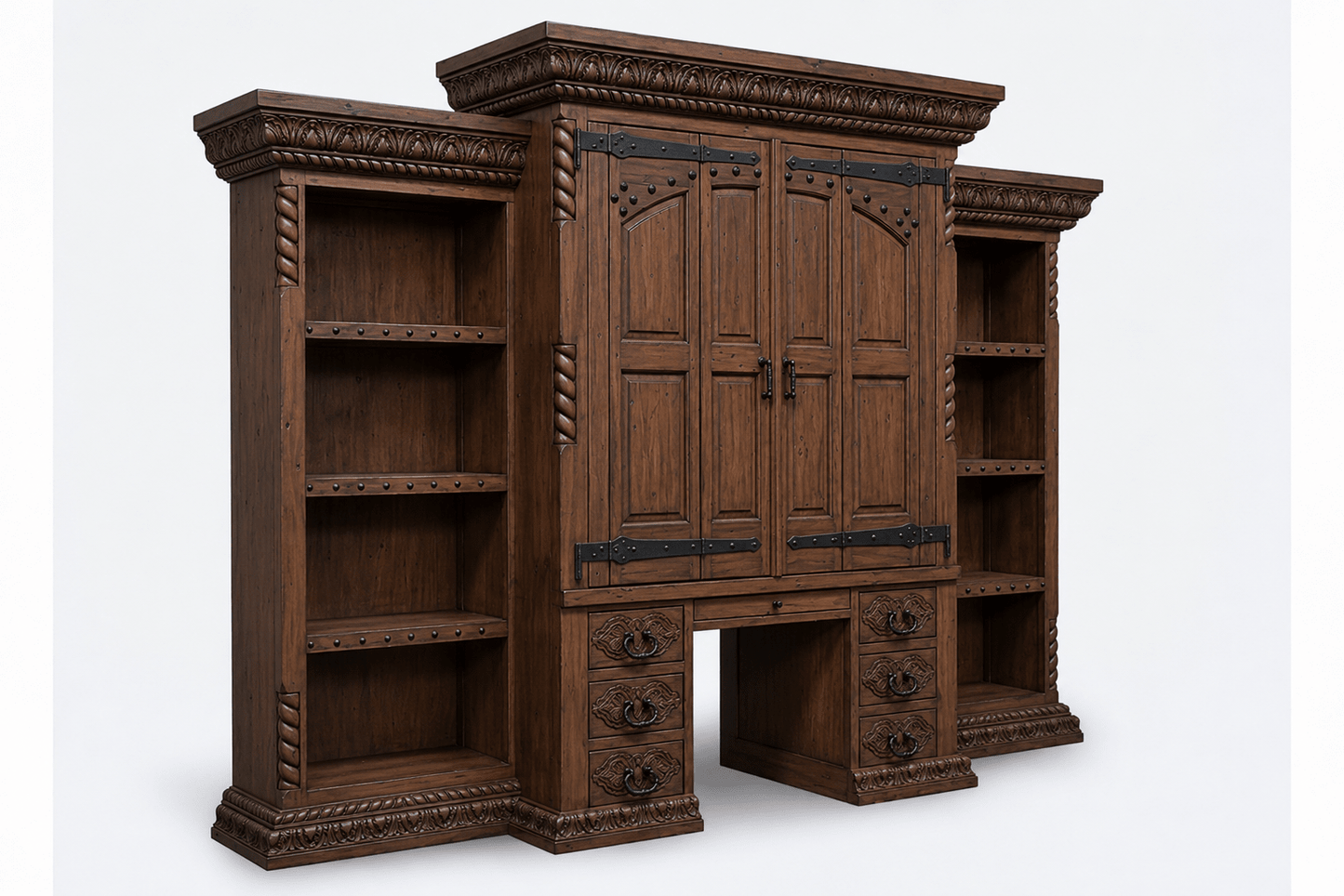 Imperial Scholar’s Haven™ Hand - Carved Solid Wood Executive Bookcase &amp; Library Hutch Collection – handcrafted solid wood furniture