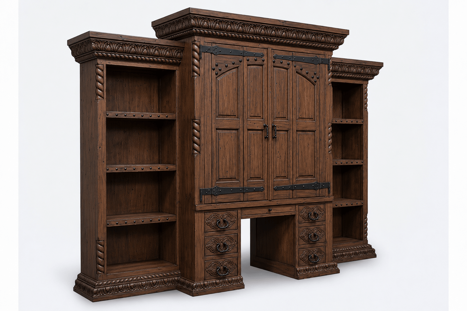 Imperial Scholar’s Haven™ Hand - Carved Solid Wood Executive Bookcase &amp; Library Hutch Collection – handcrafted solid wood furniture