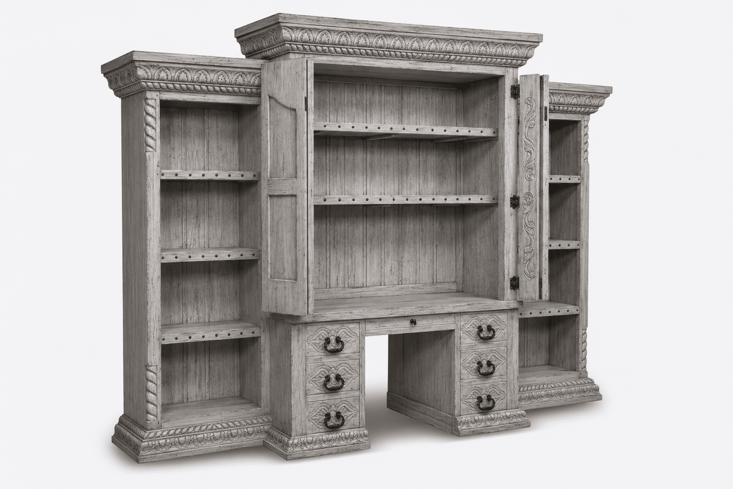 Imperial Scholar’s Haven™ Hand - Carved Solid Wood Executive Bookcase &amp; Library Hutch Collection – handcrafted solid wood furniture