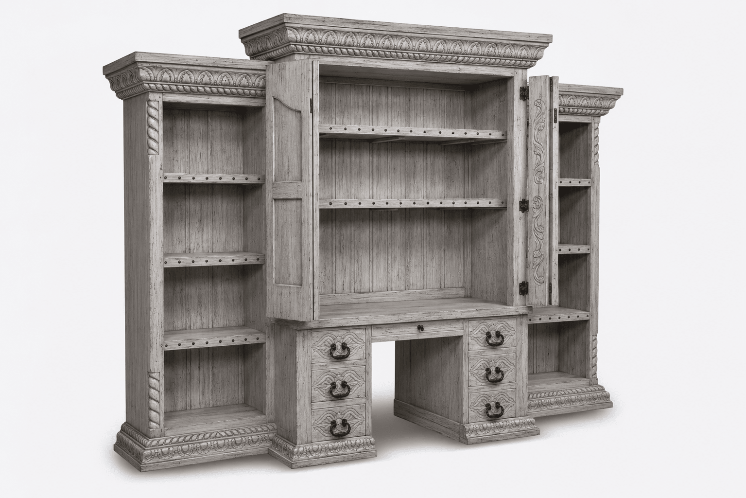 Imperial Scholar’s Haven™ Hand - Carved Solid Wood Executive Bookcase &amp; Library Hutch Collection – handcrafted solid wood furniture