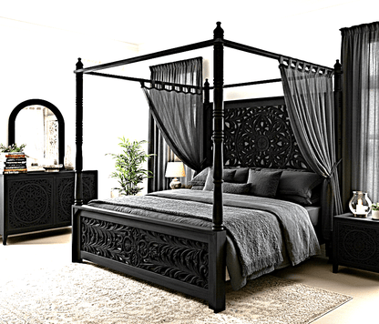 Indian Hand - Carved Wood Canopy Platform Bed Frame – handcrafted solid wood furniture