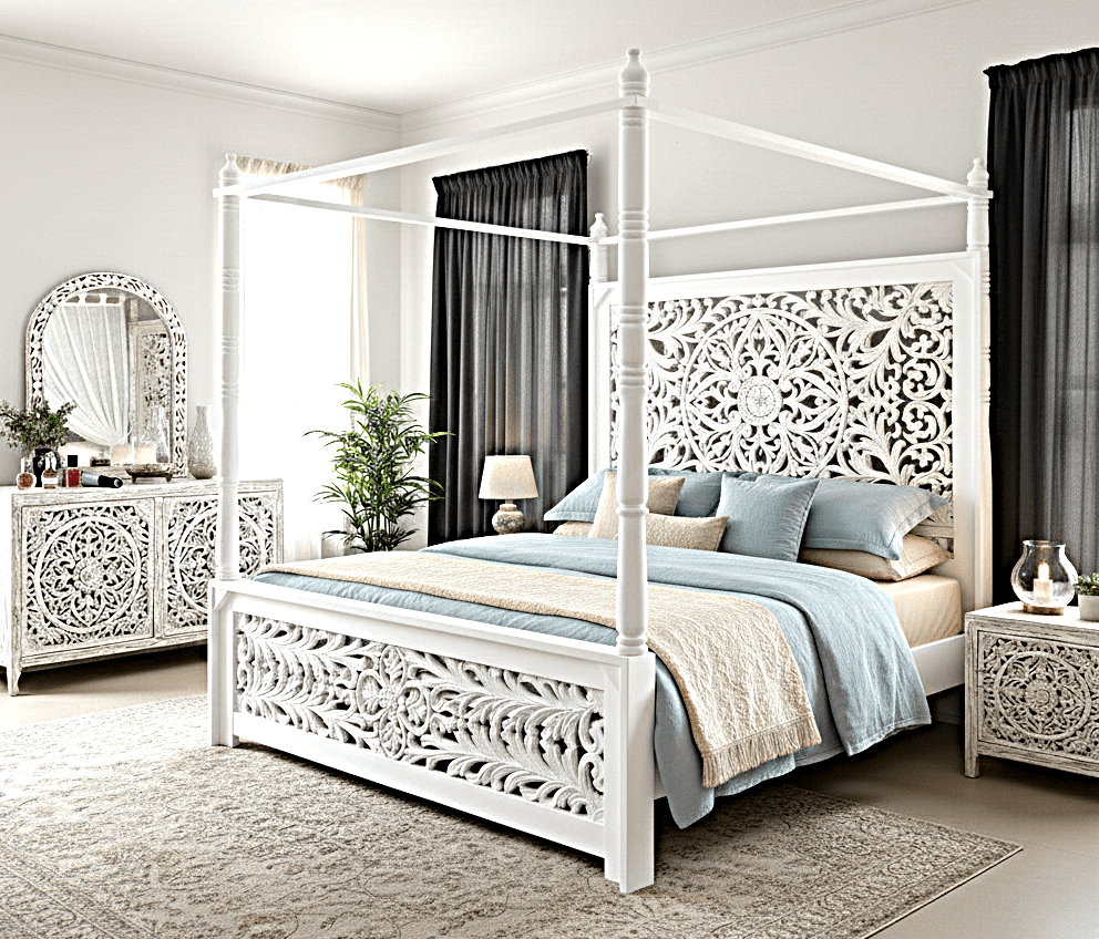 Indian Hand - Carved Wood Canopy Platform Bed Frame – handcrafted solid wood furniture