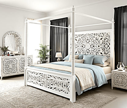 Indian Hand - Carved Wood Canopy Platform Bed Frame – handcrafted solid wood furniture