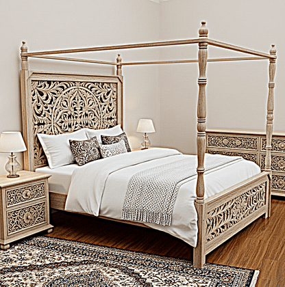 Indian Hand - Carved Wood Canopy Platform Bed Frame – handcrafted solid wood furniture