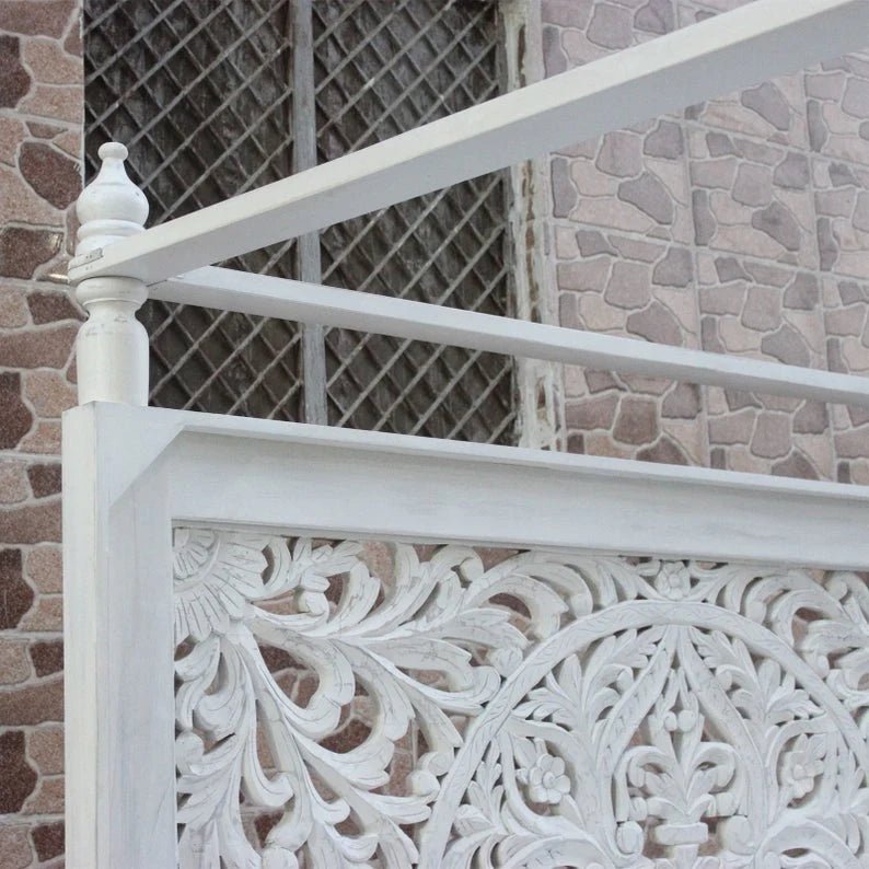 Indian Hand - Carved Wood Canopy Platform Platform Bed Frame – handcrafted solid wood furniture