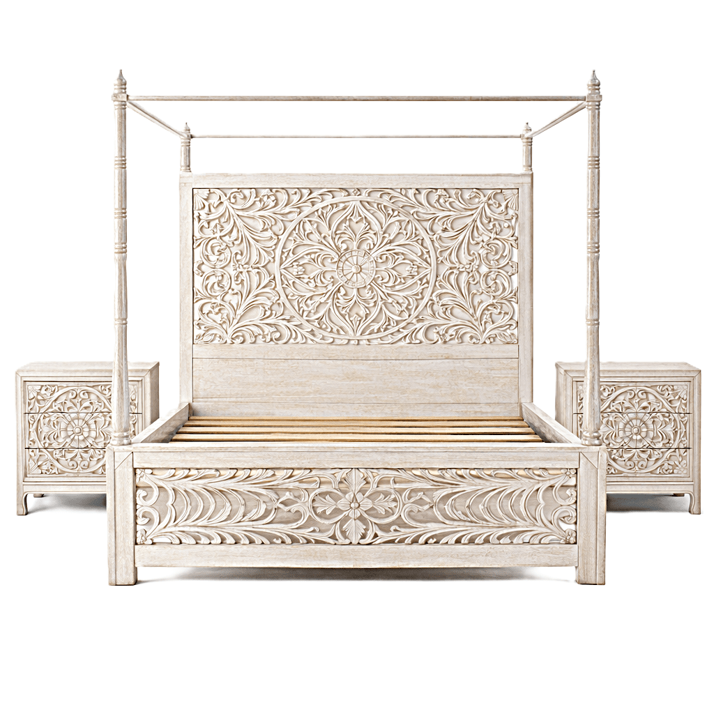Indian Hand - Carved Wood Canopy Platform Platform Bed Frame – handcrafted solid wood furniture