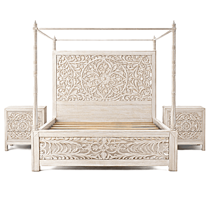 Indian Hand - Carved Wood Canopy Platform Platform Bed Frame – handcrafted solid wood furniture