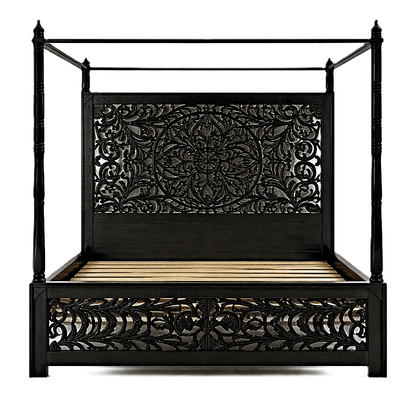 Indian Hand - Carved Wood Canopy Platform Platform Bed Frame – handcrafted solid wood furniture