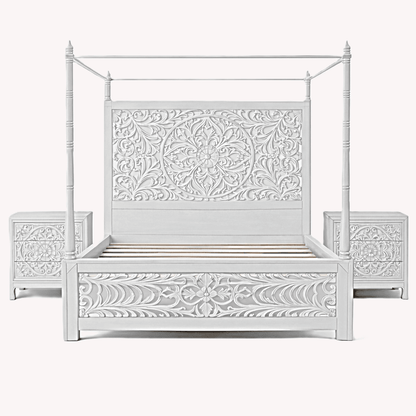 Indian Hand - Carved Wood Canopy Platform Platform Bed Frame – handcrafted solid wood furniture
