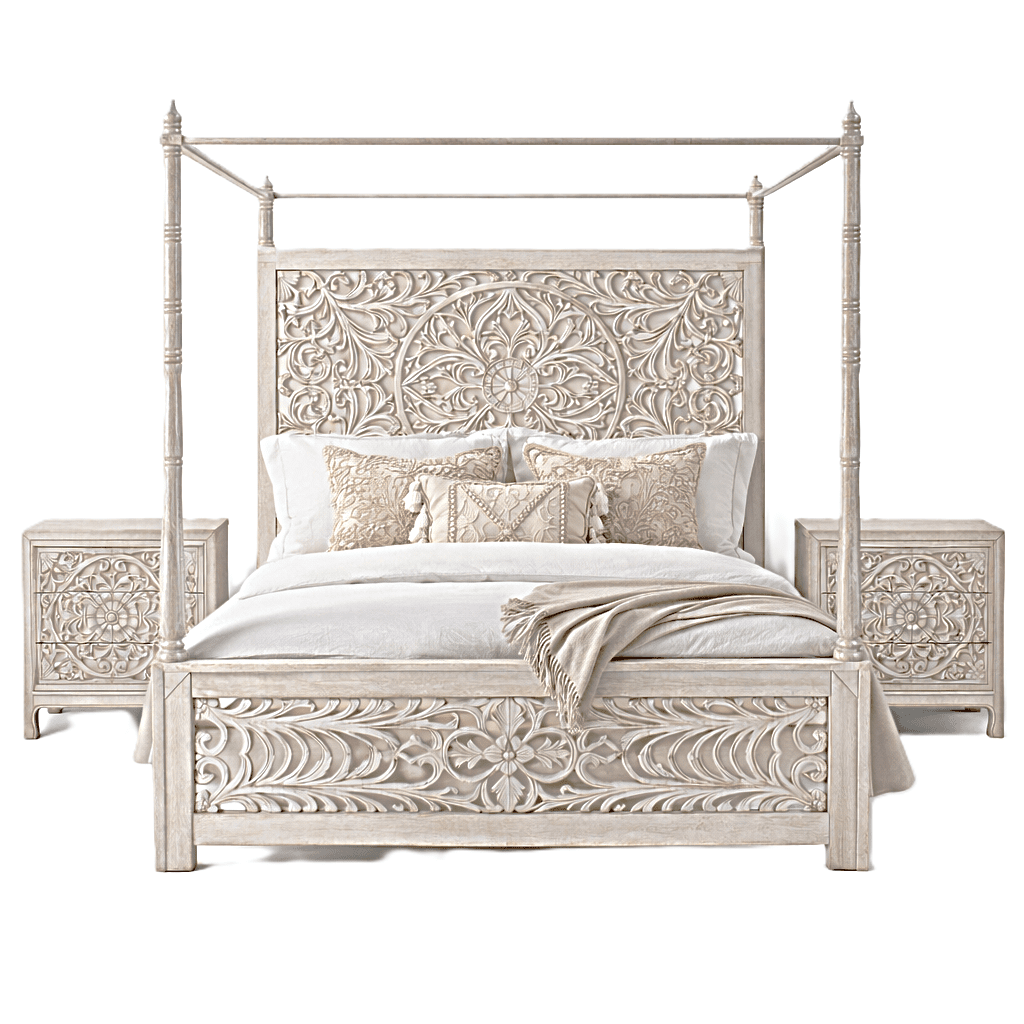 Indian Hand - Carved Wood Canopy Platform Platform Bed Frame – handcrafted solid wood furniture