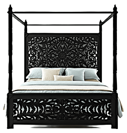 Indian Hand - Carved Wood Canopy Platform Platform Bed Frame – handcrafted solid wood furniture