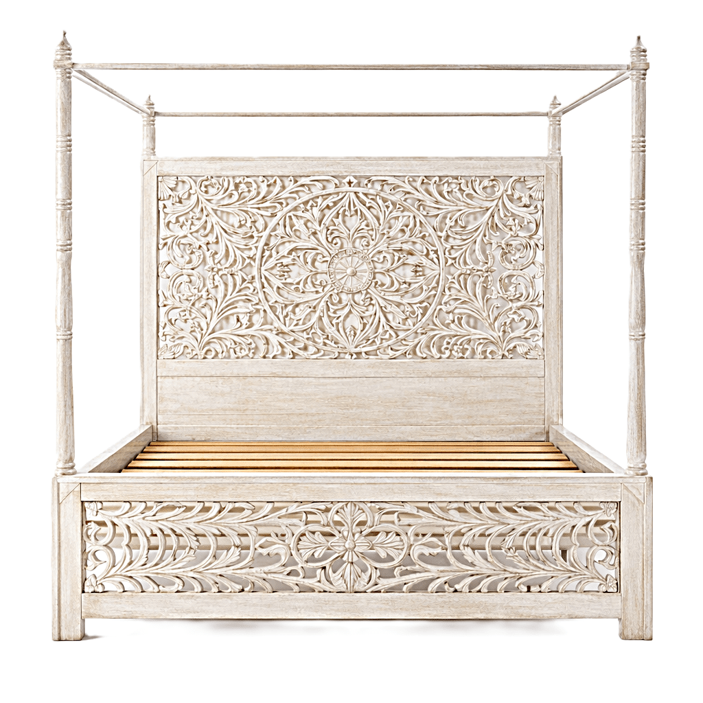 Indian Hand - Carved Wood Canopy Platform Platform Bed Frame – handcrafted solid wood furniture