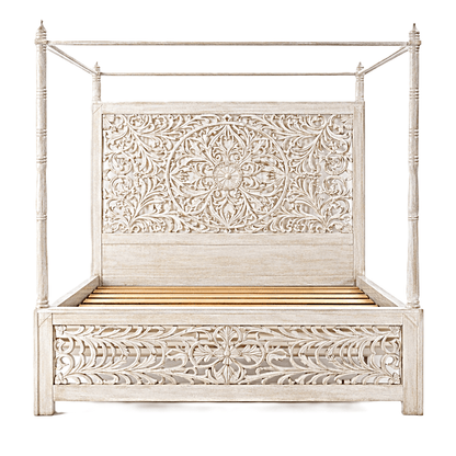 Indian Hand - Carved Wood Canopy Platform Platform Bed Frame – handcrafted solid wood furniture