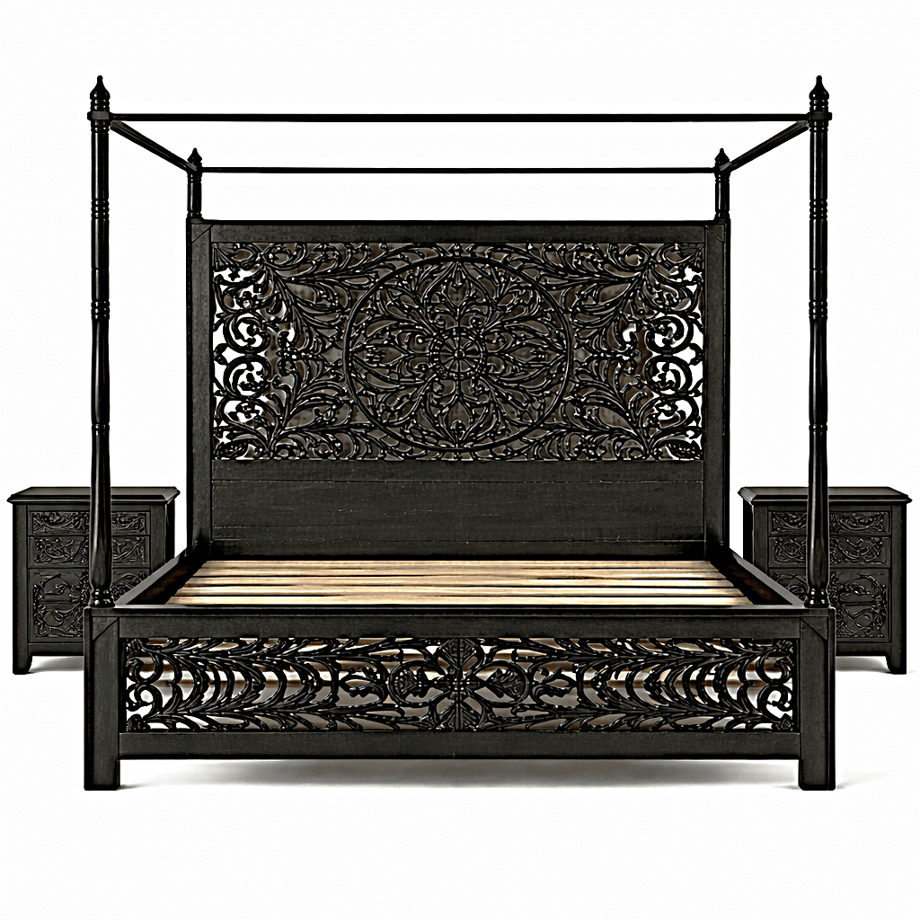 Indian Hand - Carved Wood Canopy Platform Platform Bed Frame – handcrafted solid wood furniture