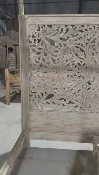 Indian Hand - Carved Wood Canopy Platform Platform Bed Frame – handcrafted solid wood furniture