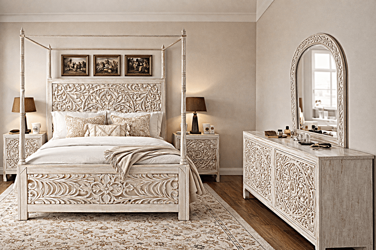 Indian Hand - Carved Wood Canopy Platform Platform Bed Frame – handcrafted solid wood furniture