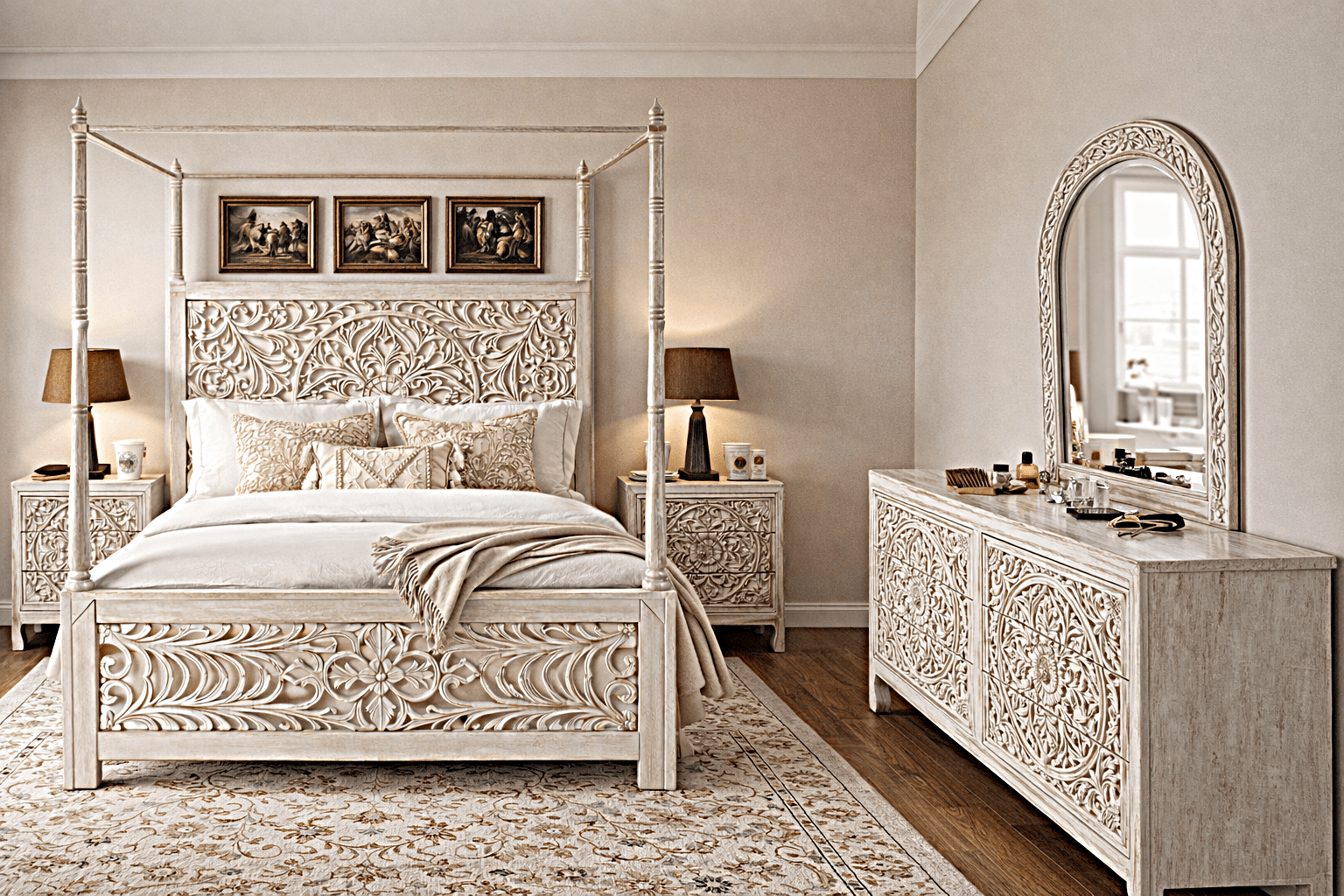 Indian Hand - Carved Wood Canopy Platform Platform Bed Frame – handcrafted solid wood furniture