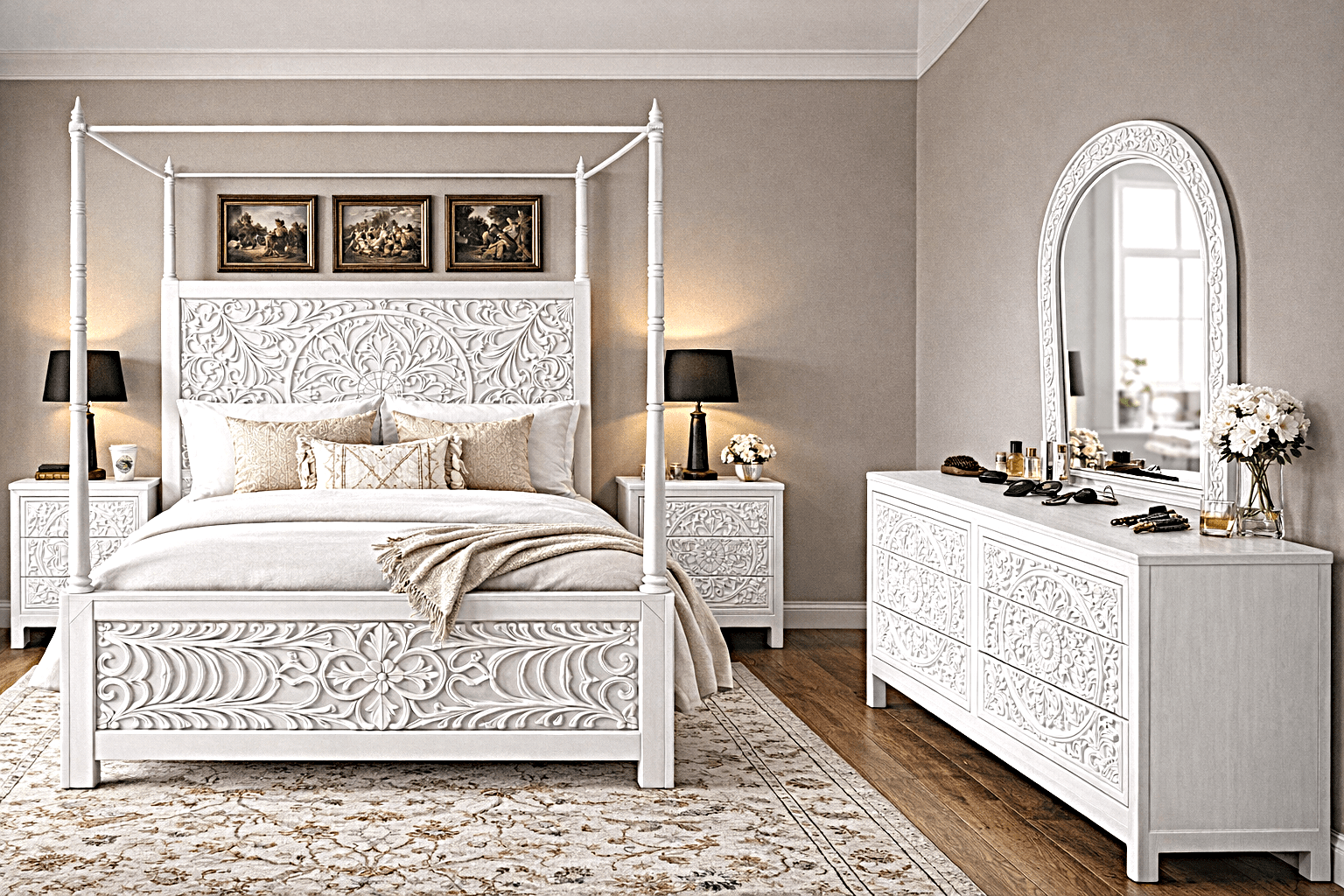 Indian Hand - Carved Wood Canopy Platform Platform Bed Frame – handcrafted solid wood furniture