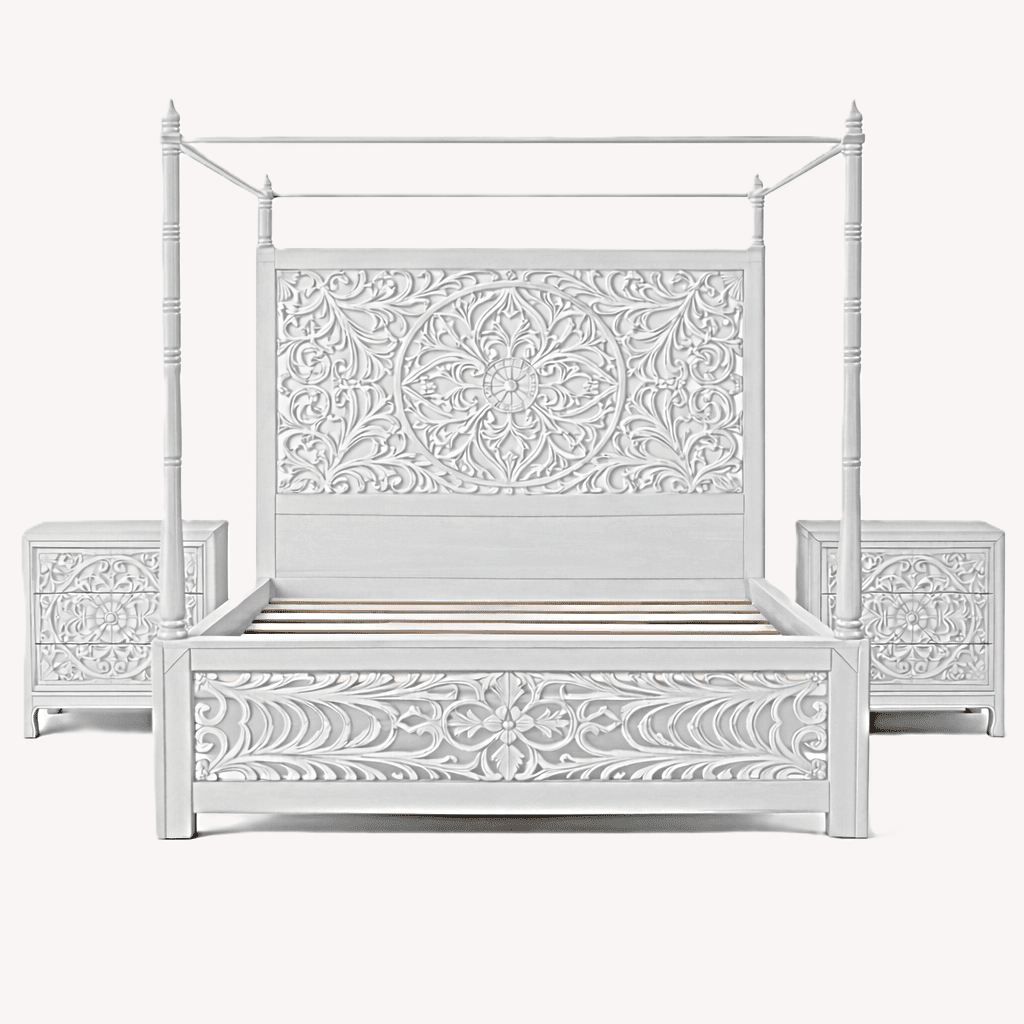 Indian Hand - Carved Wood Canopy Platform Platform Bed Frame – handcrafted solid wood furniture