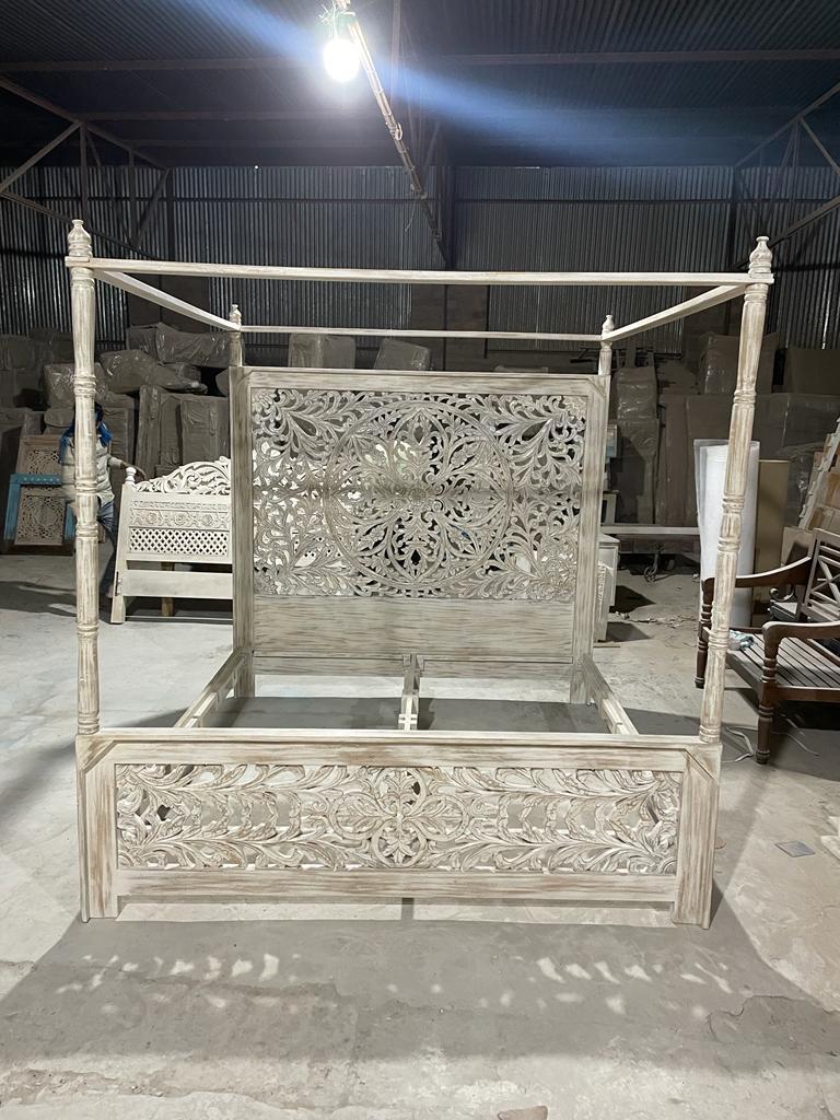 Indian Hand - Carved Wood Canopy Platform Platform Bed Frame – handcrafted solid wood furniture