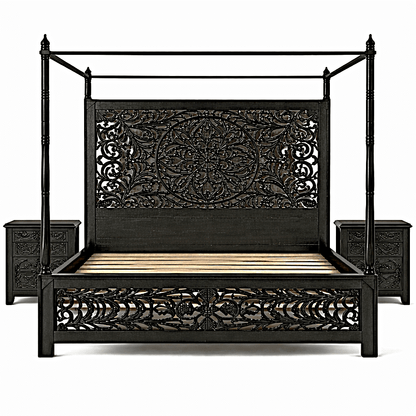 Indian Hand - Carved Wood Canopy Platform Platform Bed Frame – handcrafted solid wood furniture