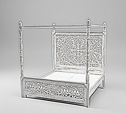 Indian Hand Carved wooden High Headboard Canopy Bed Frame – handcrafted solid wood furniture