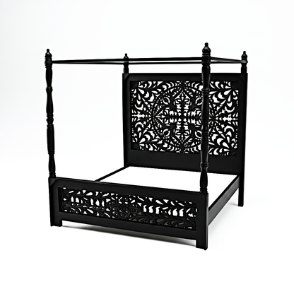 Indian Hand Carved wooden High Headboard Canopy Bed Frame – handcrafted solid wood furniture