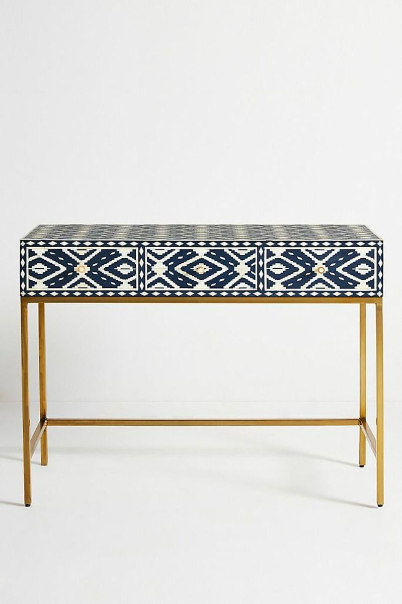 Ivory Bone Inlaid Wooden Console Table, Bone Inlay Office Desk – handcrafted solid wood furniture