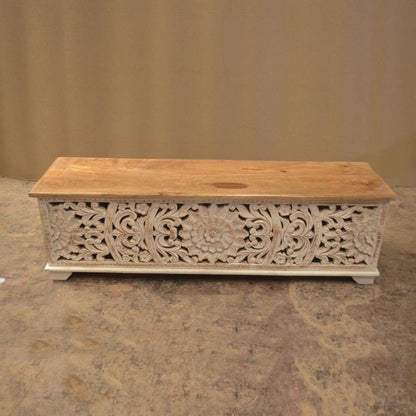 JALI Hand Carved Chest Box, handmade Footboard runner Storage chest by Hibashi Furniture – handcrafted solid wood furniture made in India