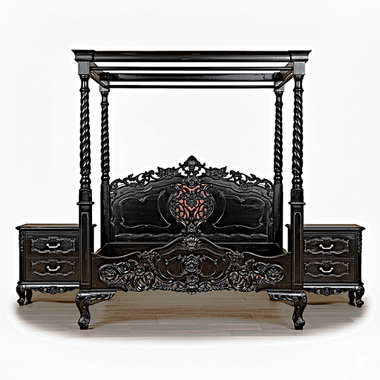 Kabak Gothic Hand Carved Solid Wooden Canopy Platform Bed – handcrafted solid wood furniture