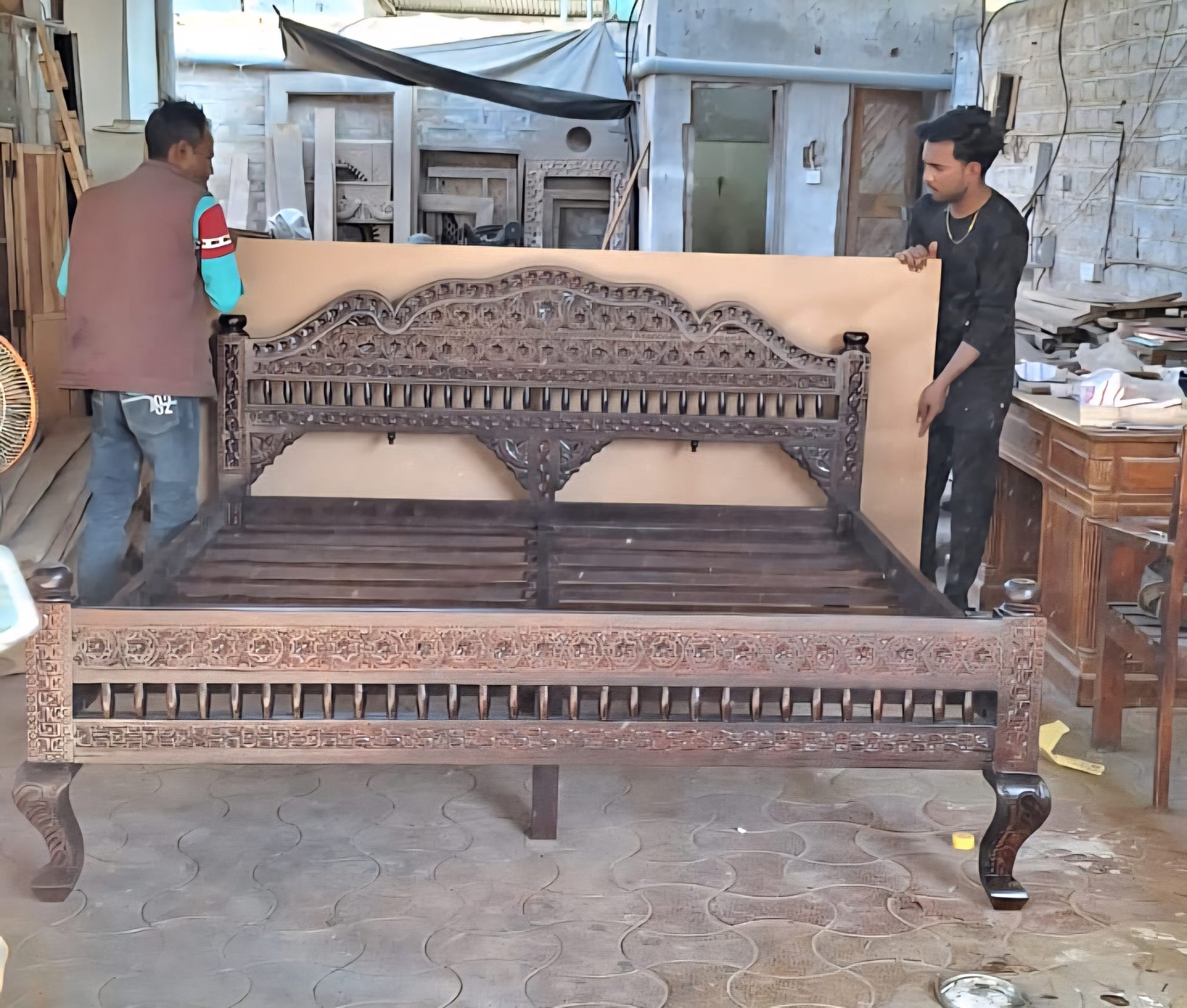 Khalifa Hand Carved Indian Solid Wood Platform Bed - HF Commercial Furniture