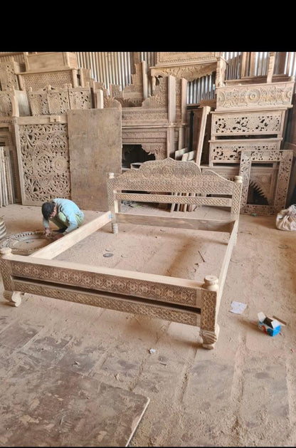 Khalifa Hand Carved Indian Solid Wood Platform Bed – handcrafted solid wood furniture