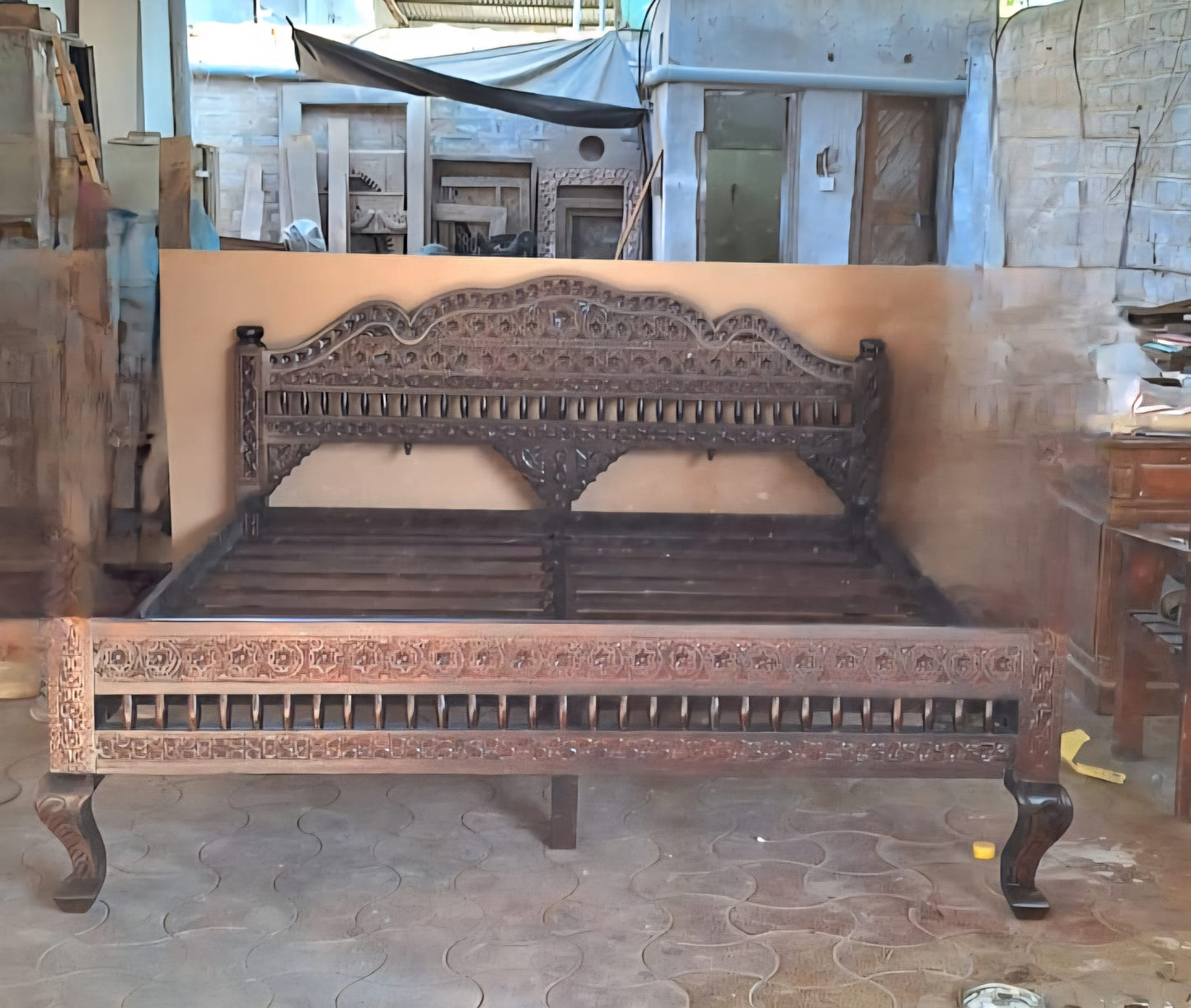 Khalifa Hand Carved Indian Solid Wood Platform Bed - HF Commercial Furniture