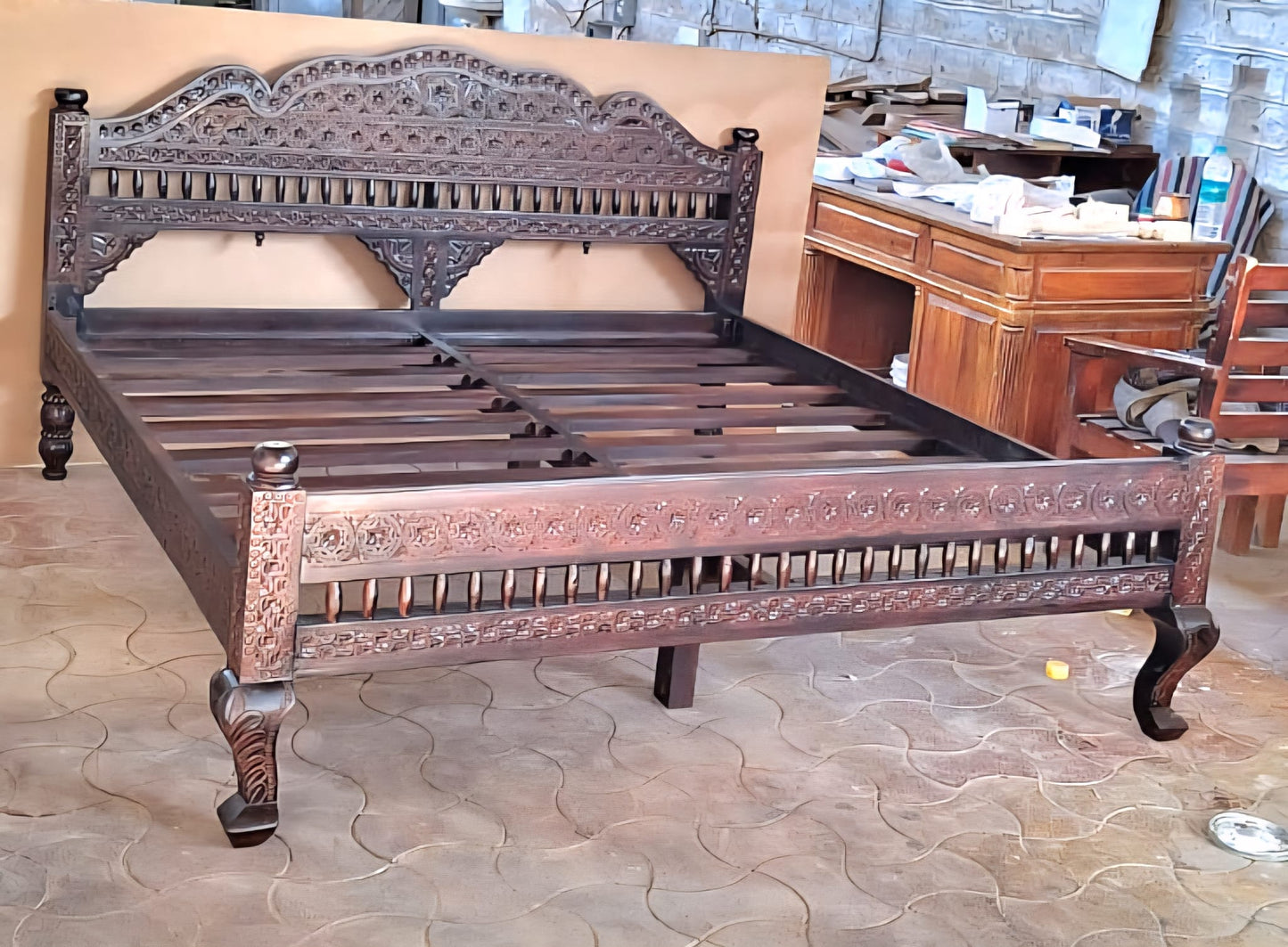 Khalifa Hand Carved Indian Solid Wood Platform Bed – handcrafted solid wood furniture