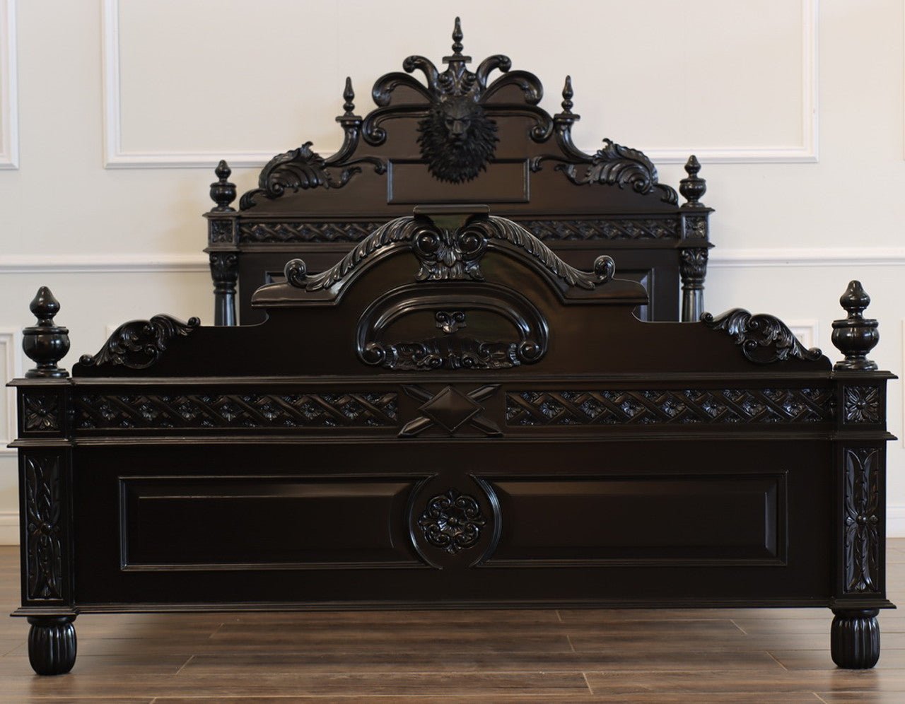Lion Head Hand Carved Elegant Design Gothic Style Platform Bed – handcrafted solid wood furniture