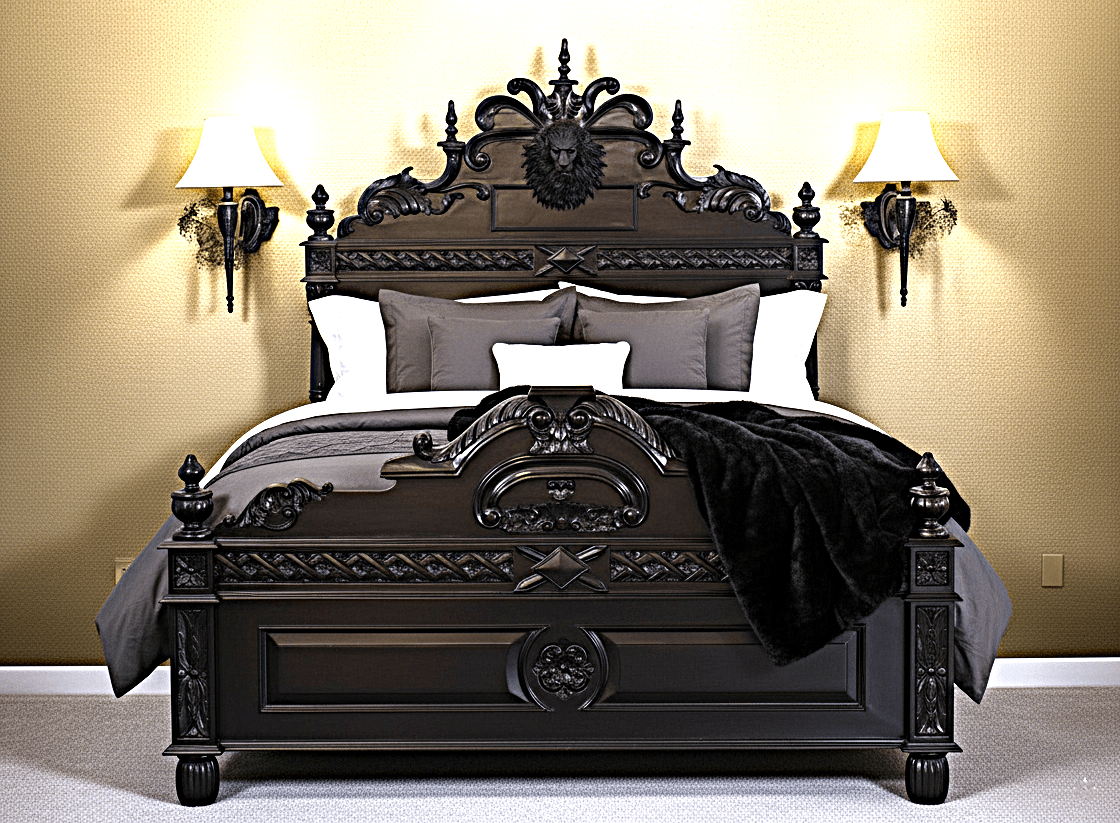 Lion Head Hand Carved Elegant Design Gothic Style Platform Bed – handcrafted solid wood furniture