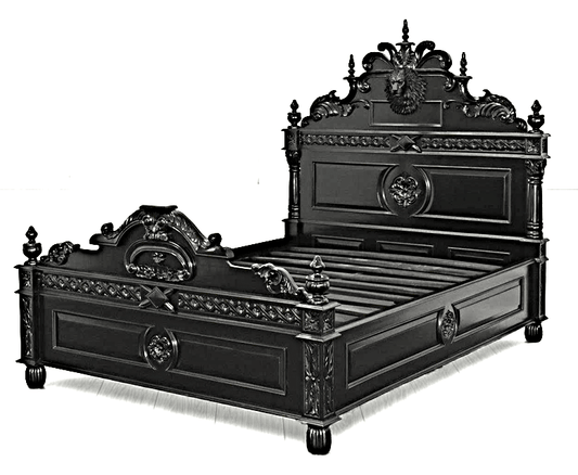 Lion Head Hand Carved Elegant Design Gothic Style Platform Bed by Hibashi Furniture – handcrafted solid wood furniture made in India