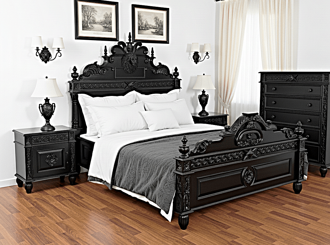 Lion Head Hand Carved Elegant Design Gothic Style Platform Bed – handcrafted solid wood furniture