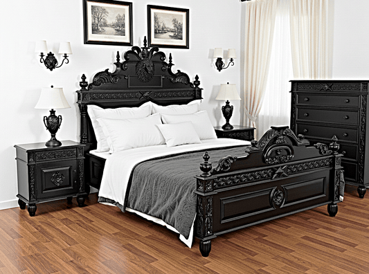 Lion Head Hand Carved Elegant Design Gothic Style Platform Bed by Hibashi Furniture – handcrafted solid wood furniture made in India