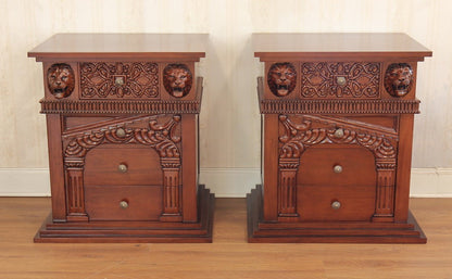 Lion Head Hand Carved Gothic Style Night Stand by Hibashi Furniture – handcrafted solid wood furniture made in India