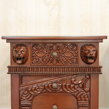Lion Head Hand Carved Gothic Style Night Stand by Hibashi Furniture – handcrafted solid wood furniture made in India