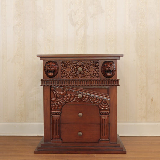 Lion Head Hand Carved Gothic Style Night Stand by Hibashi Furniture – handcrafted solid wood furniture made in India
