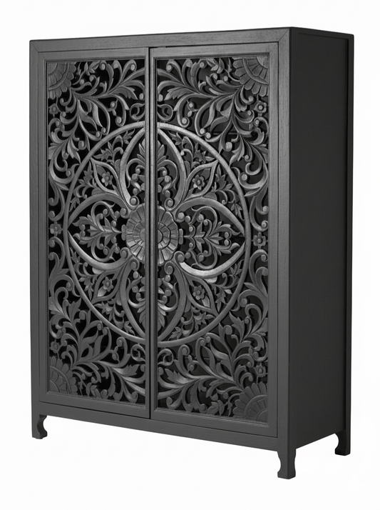 Lombok Hand - Carved Wood Armoire / Hand - Carved Wood Wardrobe – handcrafted solid wood furniture